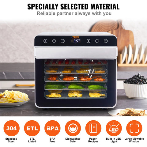 Vevor - Food Dehydrator - Drying Oven - Food Dehydrator - 700W - Stainless Steel - Digital Adjustable Timer and Temperature - Silver