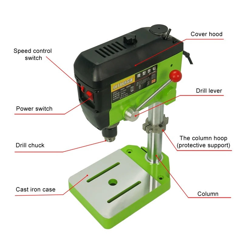 BG-5168E - Tafelboormachine - Variabele Snelheid - Dieptestop - Kolomboormachine - Werktafel - kantelbaar - Tafelkolomboormachine - 680W - 60Hz - Groente - QUORE