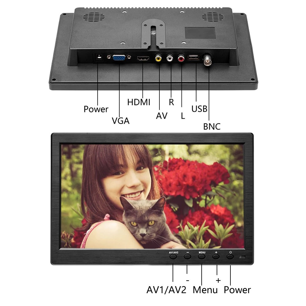 Podofo - LCD Screen - Car Monitor for Rear View Camera - 10.1" LCD - HD Monitor - Mini TV &amp; Computer Speaker - HDMI - VGA Screen - Color Screen - Black