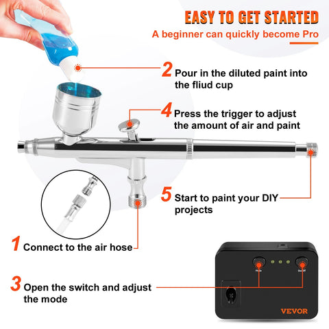 Airbrush - Airbrush Kit - Dual-Action - Auto Start/Stop Control Compressor - 30PSI - 0.3mm Spuitpistool voor Cake Painting Nail Makeup Model - Zwart
