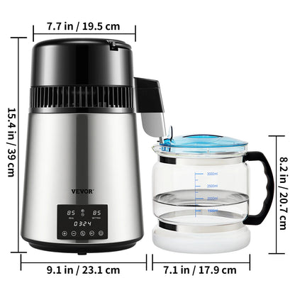 Vevor - Waterdestilleerder - Zuiver Water Maken - Waterdestilleerder/zuiveraar - 304 roestvrij staal - Borosilicaatglas - 220V - 50Hz - Zilver - QUORE