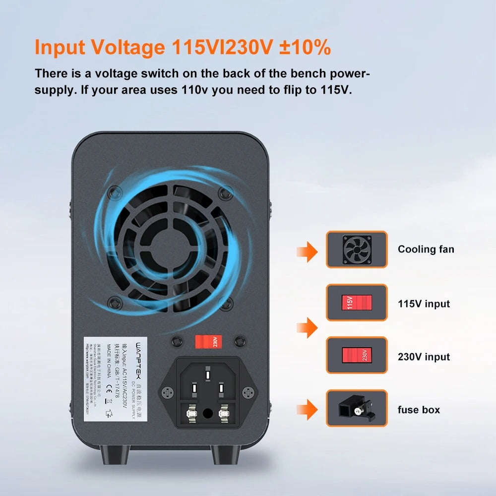 Wanptek - Voeding - Instelbare DC-Spanningsregelaar - Instelbare Laboratoriumvoeding - Tafelgeschakelde voeding - Vooringestelde spanning Stroomuitgang - 30V - 10A - 60Hz - Zwart - QUORE