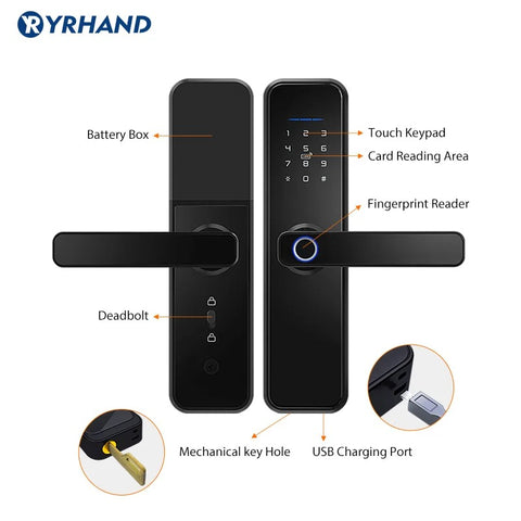 Smart Door Lock - Smart Lock - Electric Door Lock - APP - Bluetooth - WIFI - Fingerprint - Password - Waterproof - Black