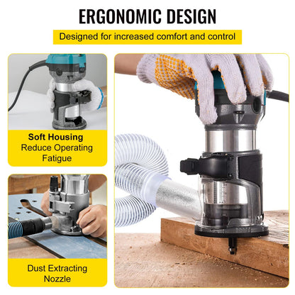 Vevor - Bovenfrees - Houtfrees - Elektrische Handtrimmer - Hoge Kwaliteit -  30000RPM - 220V - 710W -Vaste basis - Groen