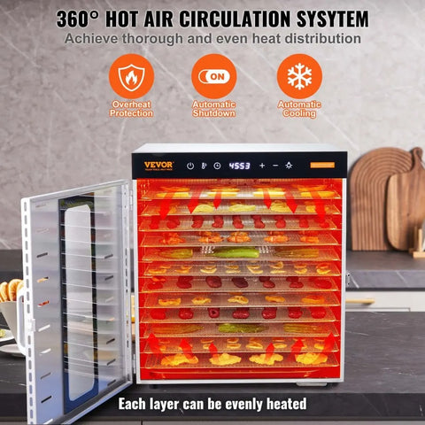 Vevor - Food Dehydrator - Drying Oven - Fruit Dryer - Fruit Dryer - 10 Trays - 220V - 800W - Meat Dehydrated - Drying Machine - with Digital Timer - Silver