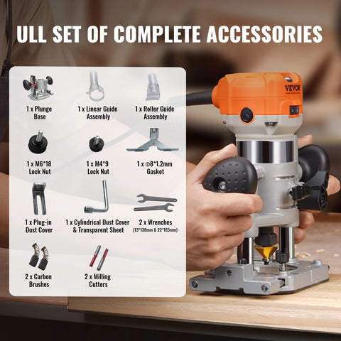 Vevor - Router - Wood Router - Electric Hand Trimmer - High Quality - 6 Variable Speeds - 30000RPM - 220V - 800W - 1.25HP - Orange