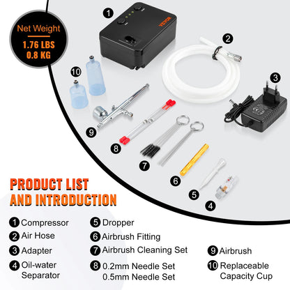 Airbrush - Airbrush Kit - Dual-Action - 30PSI - Automatische start/stop-regeling - 0,3 mm spuitpistool - voor het schilderen van taarten en nagelmake-up - Zwart - QUORE