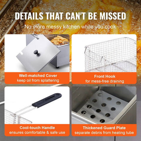Vevor - Deep Fryer - Deep Fryer - Double Tanks - Commercial Electric Deep Fryer - No Timing &amp; Filter - 500W - 220V - Stainless Steel - Countertop Deep Fryer for Fried Chicken and French Fries - Silver