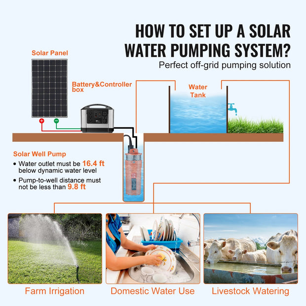 Vevor - Water Pump - Solar Water Pump - Deep Water Pump - Submersible - 12V DC - 277W - 9.25 GPM - for Water Well - Farm Ranch Irrigation - Silver