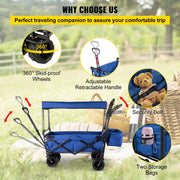 Vevor - Deeper Festival Trolley - Adjustable Handlebar - Foldable Cart - Adjustable Handlebar - Removable Awning - Oxford Cloth - Foldable Shopping Trolley for Outdoor, Camping and Beach - Blue
