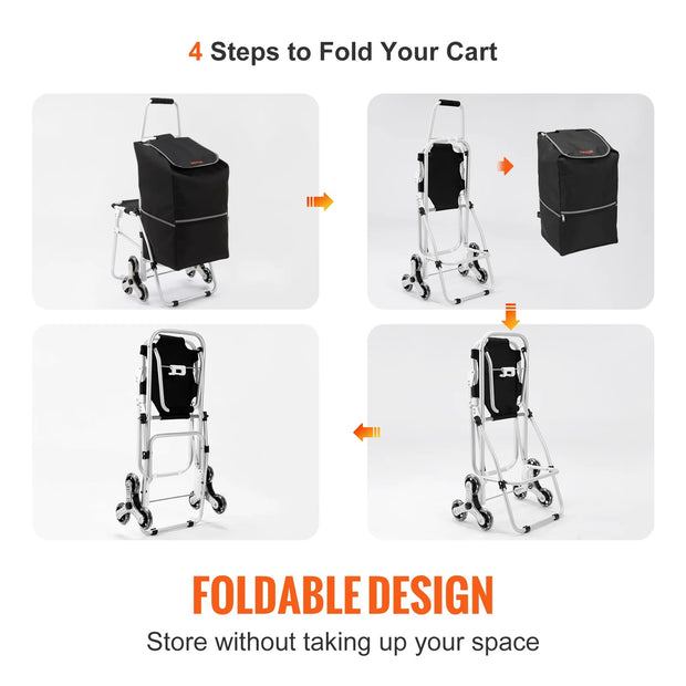 Vevor - Deeper Festival Trolley - Winkelwagen - 50L - Opvouwbaar - Utility Cart Trolley - Dolly met Zitting - Stair Climber Cart voor Boodschappen - Zwart