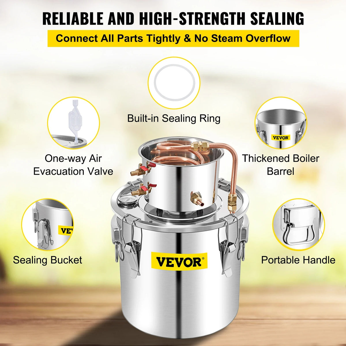 Vevor - Waterdestilleerder - DIY Moonshine-apparatuur - Alcoholwaterdestilleerder - 50L - Brouwmachine voor whisky, wijn, bier - Roestvrij staal - Zilver - QUORE