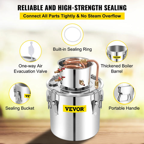 Vevor - Water Distiller - DIY Moonshine Equipment - Alcohol Water Distiller - 50L - Brewing Machine for Whiskey, Wine, Beer - Stainless Steel - Silver