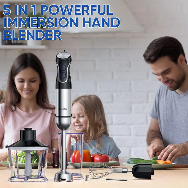 5 in 1 - Staafmixer Set - Hakmolen - Groentesnijder - Soepmaker - Chopper niet Draadloos - 1500W  - 16000 rpm - 4 Messen - Stainless Steel & ABS-Materiaal - Zilver met Zwart