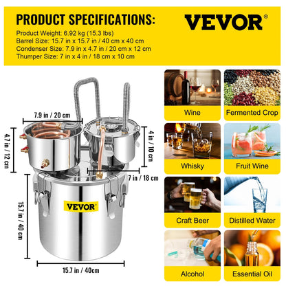 Vevor - Waterdestilleerder - Alcohol Water Distiller - DIY Moonshine Apparatuur - Roestvrij Staal - Brouwmachine voor Whisky Wijn Bier - 50L - Zilver - QUORE