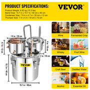 Vevor - Water Distiller - Alcohol Water Distiller - DIY Moonshine Equipment - Stainless Steel - Brewing Machine for Whisky Wine Beer - 50L - Silver