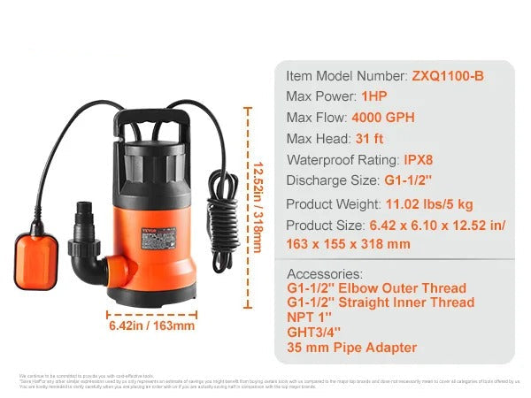 Vevor - Water Pump - Utility Pump - Submersible Pump - 1HP - 700W - 4000GPH - for water drainage - IPX8 - Orange