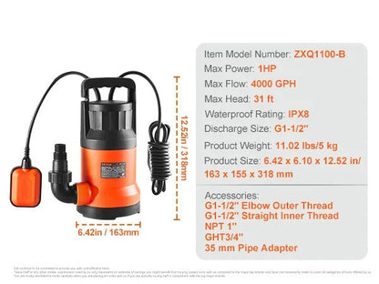 Vevor - Water Pump - Utility Pump - Submersible Pump - 1HP - 700W - 4000GPH - for water drainage - IPX8 - Orange