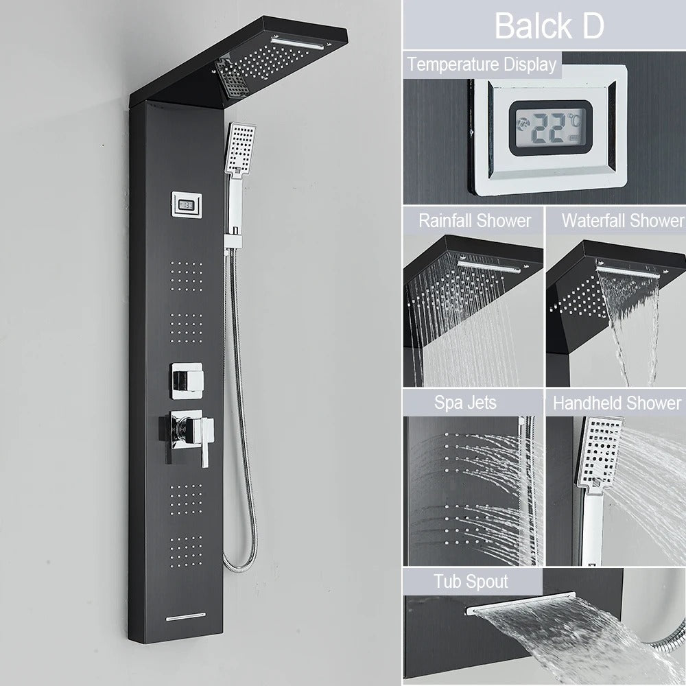Douche - Regendouche - Douchewand - Douchekolom - Douchepanelen - Zwarte Douchezuil - Waterval & Regendouche - LED Display - Massagejets & Temperatuurweergave