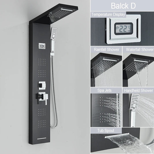 Douche - Regendouche - Douchewand - Douchekolom - Douchepanelen - Zwarte Douchezuil - Waterval & Regendouche - LED Display - Massagejets & Temperatuurweergave