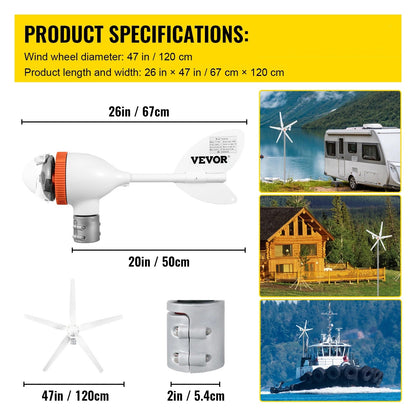 Windturbine - Windmolen Generator - Windturbine Generator – Windenergie - Wind Turbine - 12V - 29A - 900RPM - 500W - 5 Nylonvezel Blades - Wit - QUORE