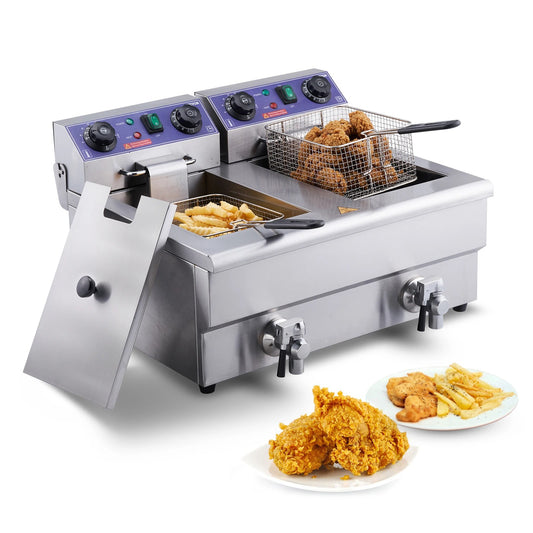 Vevor - Frituurpan - Frituurpan - Dubbele tanks - Commerciële Elektrische Frituurpan - met Timerfilter - 3000W - 12L - Roestvrij Staal - Aanrechtfriteuse voor Gefrituurde kip en Friet - Zilver - QUORE