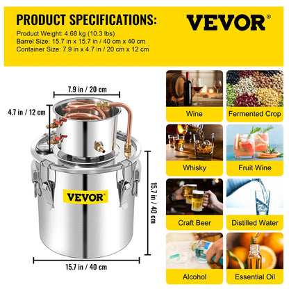 Vevor - Waterdestilleerder - DIY Moonshine-apparatuur - Alcoholwaterdestilleerder - 50L - Brouwmachine voor whisky, wijn, bier - Roestvrij staal - Zilver - QUORE