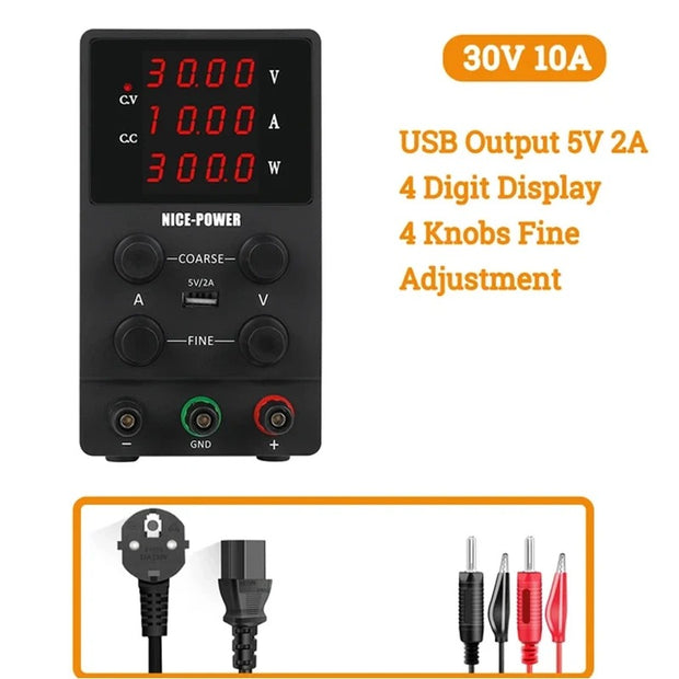 Nice-Power - Power supply - Lab power supply - Inverter - Adjustable voltage regulator - Adjustable power supply - Function generator - Regulated lab power supply - Adjustable - 30V - 10A - 220V - Regulator Stabilizer Table source - Black