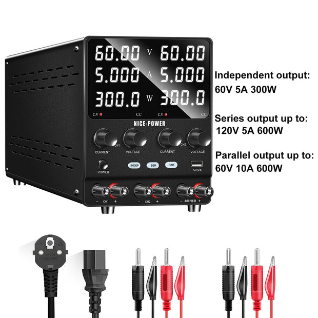 Nice-Power - Power supply - Inverter - Adjustable voltage regulator - DC power supply - 60V - 5A-Dual - 120V - Black
