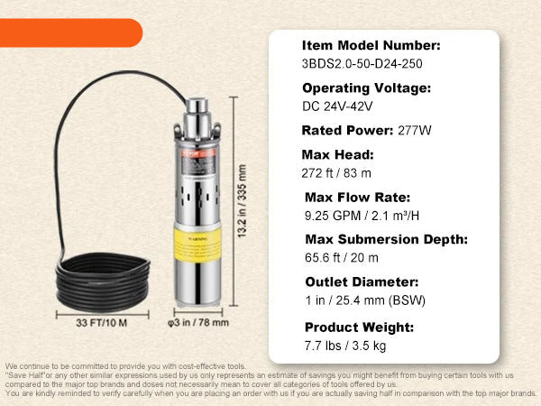 Vevor - Water Pump - Solar Water Pump - Deep Water Pump - Submersible - 12V DC - 277W - 9.25 GPM - for Water Well - Farm Ranch Irrigation - Silver