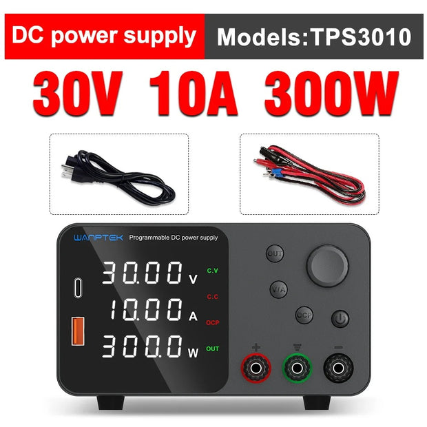 Wanptek - Power supply - Inverter - Adjustable voltage regulator 30V - 10A - 4-digit white display - Mini Lab Power Supply - Laboratory benchtop power supply - Black