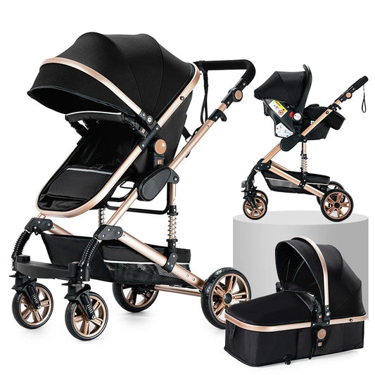 Baby Stroller - 3 in 1 - Portable - Foldable Trolley for Babies - With Cushion and Sunshade - Lightweight - Pushchair Car for Newborn Baby - Black