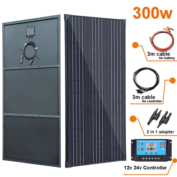 Xinpuguang - Solar panel - Waterproof - Flexible solar panel - Photovoltaic panel - For home, boat, camping, camper - Monocrystalline silicon - 300W kit - Black