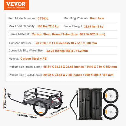 Vevor - Fietskar - Opvouwbaar - met Universele Koppeling - Compacte Opslag - 160 lbs Capaciteit - Geschikt voor 22"-28" Fietswielen - Zwart - QUORE