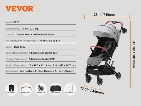 Vevor - Kinderwagen - 3 in 1 - Kinderwagen - Opvouwbare Trolley voor Baby's - met 95°-175° Verstelbare Rugleuning - 0/90° Verstelbare Voetensteun - Grijs