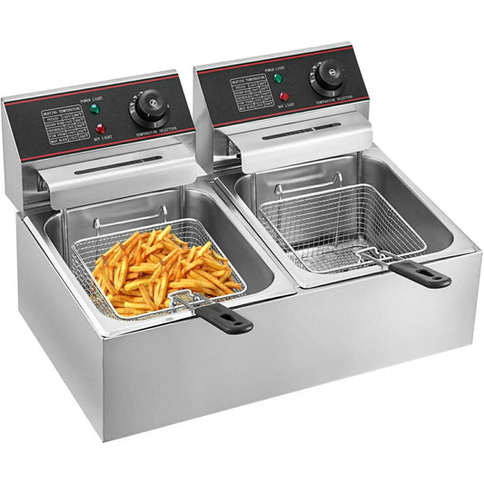 Vevor - Frituurpan - Frituurpan - Dubbele tanks - 220V - 500W - 50Hz - Teflon materiaal - Roestvrij staal - 6Lx2 - Zilver - QUORE