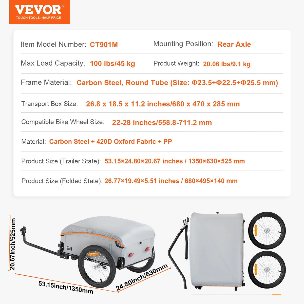 Vevor - Fietskar - Opvouwbaar - met universele koppeling - Compacte opslag - Draagvermogen van 100 lbs - Waterdichte hoes en veilige reflectoren - Past op fietswielen van 22"-28" - Zwart
