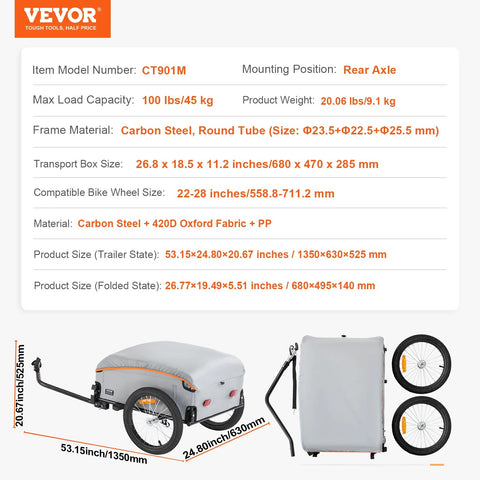 Vevor - Bicycle Trailer - Foldable - with universal coupling - Compact storage - Load capacity of 100 lbs - Waterproof cover and safe reflectors - Fits bicycle wheels from 22"-28" - Black