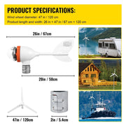 Wind Turbine - Windmill Generator - Wind Turbine Generator - Wind Energy - Wind Turbine - 12V - 24A - 900RPM - 400W - 3 Nylon Fiber Blades - White