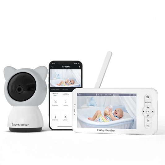 Baby Monitor - Babyfoon met Camera - Binnencamera - 355 ° PTZ 300 m bereik tweerichtingsvideo - Nachtzicht - 5 inch LCD - Video-intercom - Grijs - QUORE