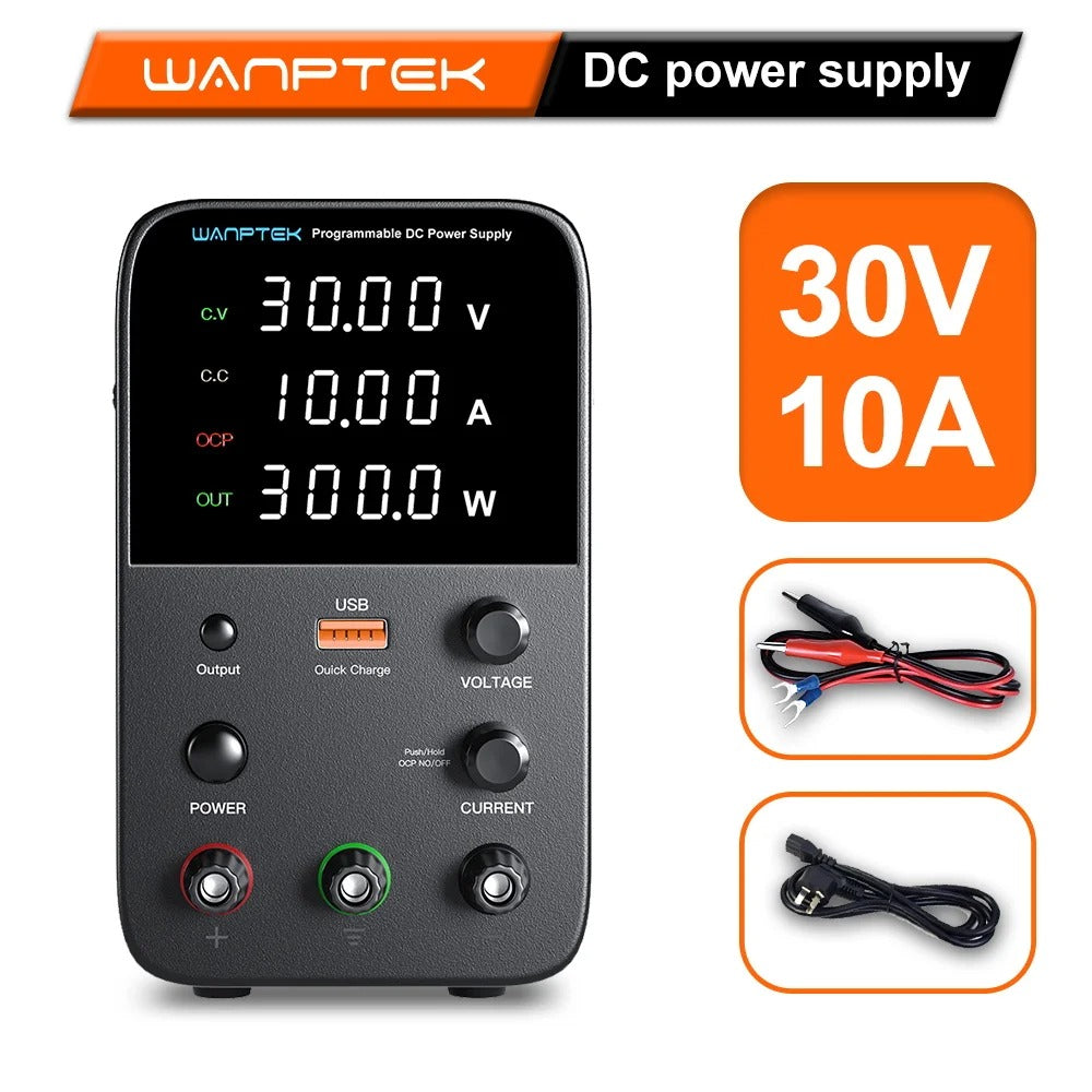 Wanptek - Voeding - Instelbare DC-Spanningsregelaar - Instelbare Laboratoriumvoeding - Tafelgeschakelde voeding - Vooringestelde spanning Stroomuitgang - 30V - 10A - 60Hz - Zwart - QUORE