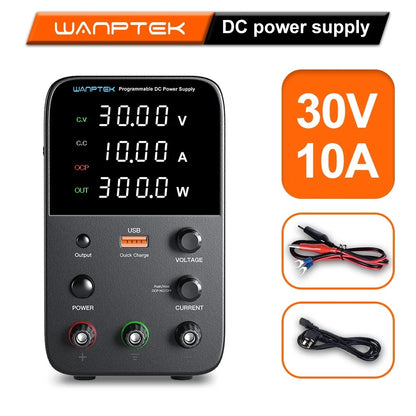 Wanptek - Voeding - Instelbare DC-Spanningsregelaar - Instelbare Laboratoriumvoeding - Tafelgeschakelde voeding - Vooringestelde spanning Stroomuitgang - 30V - 10A - 60Hz - Zwart - QUORE