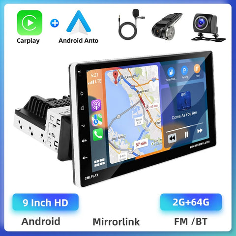 Podofo - Auto Multimedia Speler - 9inch - 2GB - 64GB - AHD - DVR - 1Din - Carplay Scherm - Touchscreen - GPS-navigatie - WIFI - Bluetooth - FM/RDS - Autoradio