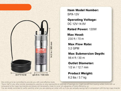 Waterpomp - Zonne-waterpomp - Diepwaterpomp - Dompelbaar - 12V DC - 120W - 3.2GPM - voor waterput - Boerderij Ranch Irrigatie - Zilver