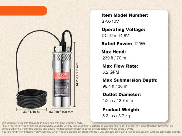 Vevor - Water Pump - Solar Water Pump - Deep Water Pump - Submersible - 12V DC - 120W - 3.2GPM - for Water Well - Farm Ranch Irrigation - Silver