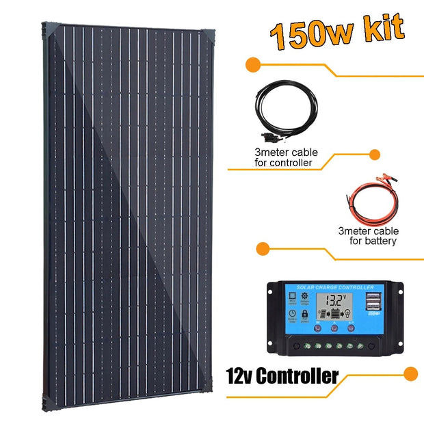 Xinpuguang - Solar panel - Waterproof - Flexible solar panel - Photovoltaic panel - For home, boat, camping, camper - Monocrystalline silicon - 150w kit - Black