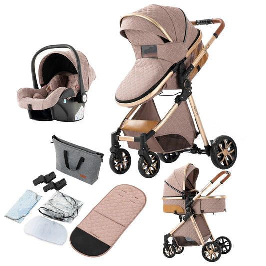 Kinderwagen - 3 in 1 - Kinderwagen - Opvouwbare Trolley voor Baby's - Kinderwagen Auto voor Pasgeboren Baby - Lichtgewicht - Hoog landschap - Khaki
