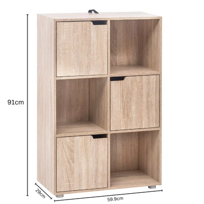 Boekenkasten - Boekenplanken - Boekenkasten Hout – Vrijstaand Wandrek met 6 Vakken & Deuren – Opbergkast voor Boeken - Dossiers - Decoratie – Geschikt voor Woonkamer - Slaapkamer - Kantoor – 59,7x29,7x91cm - Eiken