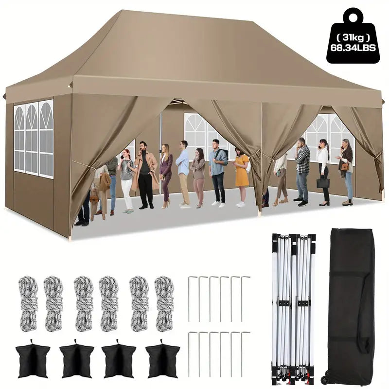 Pop-up Tent – Partytent – Paviljoen – Tuin Shelter – Buiten Tent – 3x6m Khaki – Water- En UV-Bestendig – 4 Afneembare Zijwanden