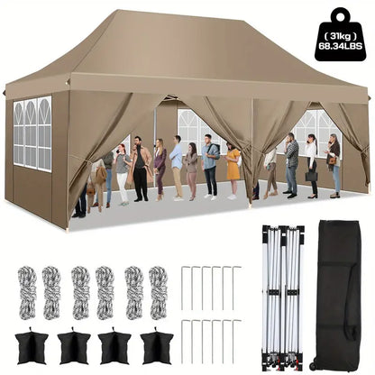 Pop-up Tent – Partytent – Paviljoen – Tuin Shelter – Buiten Tent – 3x6m Khaki – Water- En UV-Bestendig – 4 Afneembare Zijwanden